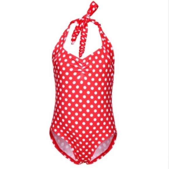 Girl Swimsuit, One Piece Polka Dot Halter, Red - Picture 2 of 5
